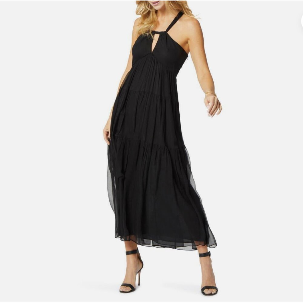Joie Marcy 100% Silk Maxi Dress Black Halter Tiered Size M